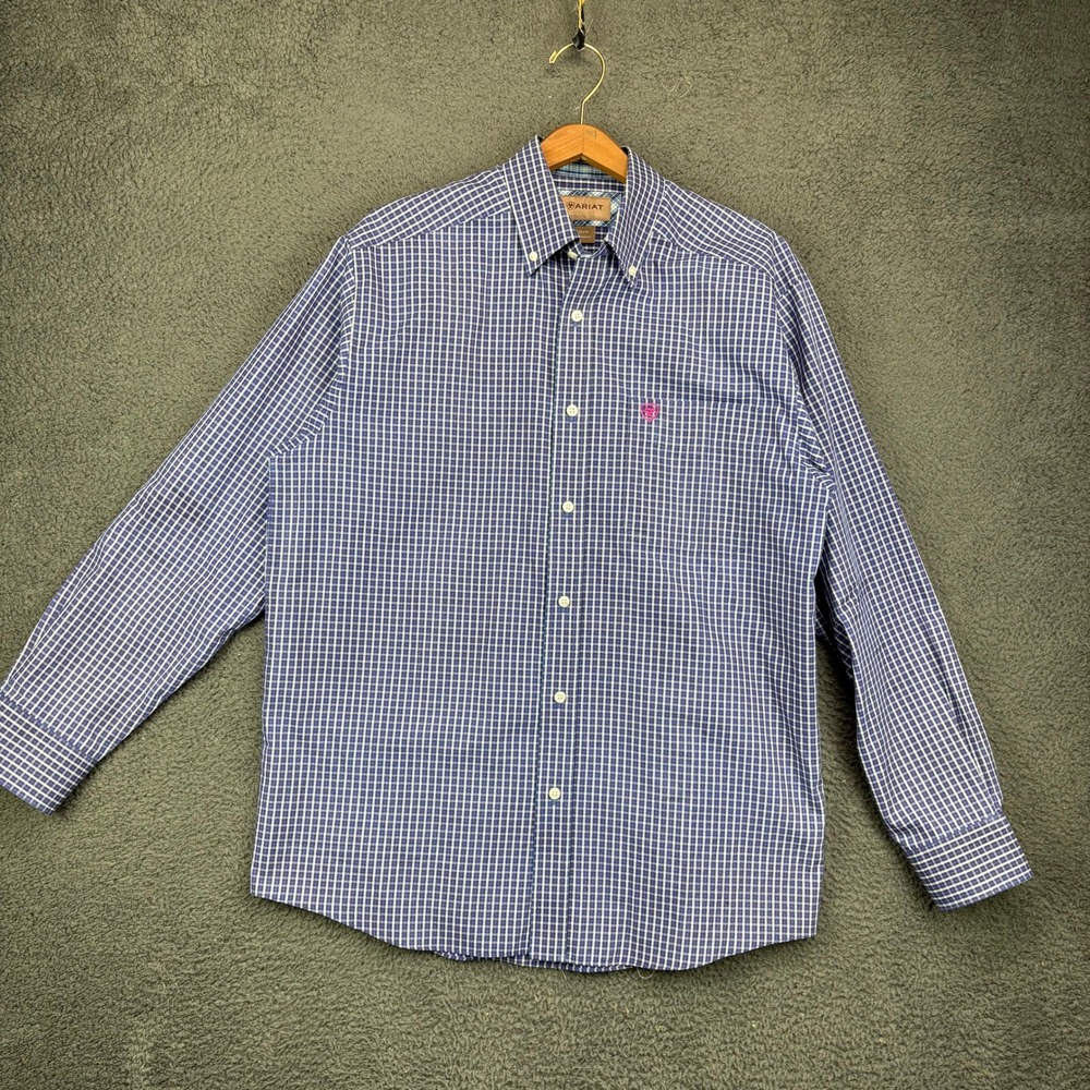 Ariat Mens Wrinkle-Free Plaid Button Down Shirt Blue White Medium 10164